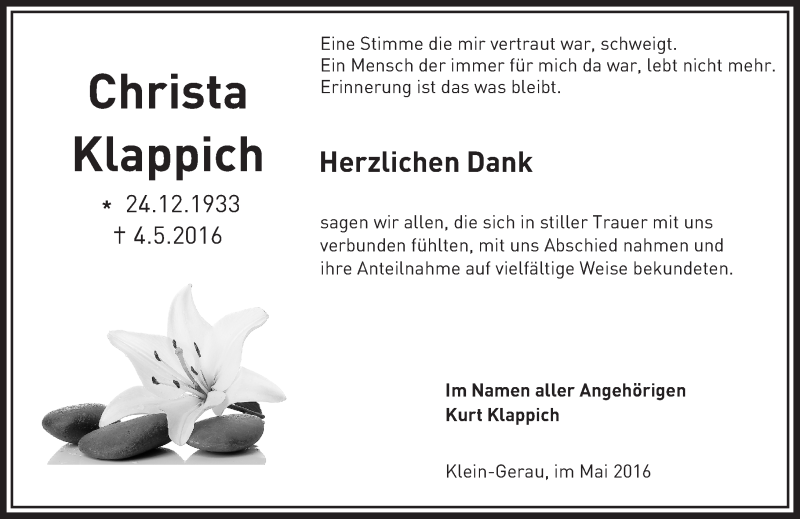  Traueranzeige für Christa Klappich vom 27.05.2016 aus Trauerportal Echo Online