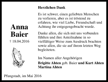Traueranzeige von Anna Baier von Trauerportal Echo Online