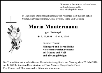 Traueranzeige von Maria Muntermann von  Allgemeine Zeitung Mainz