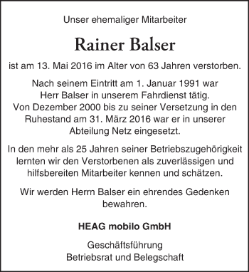 Traueranzeige von Rainer Balser von Trauerportal Echo Online