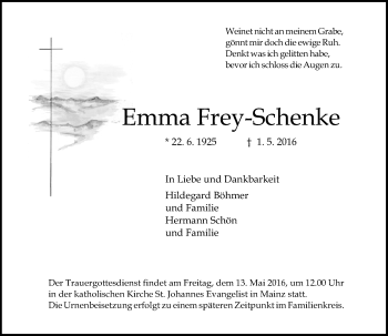 Traueranzeige von Emma Frey-Schenke von  Allgemeine Zeitung Mainz