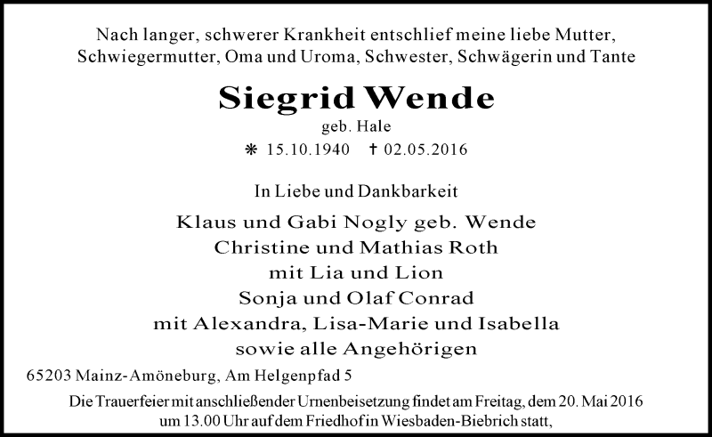  Traueranzeige für Siegrid Wende vom 14.05.2016 aus  Wiesbaden komplett