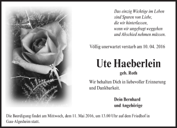 Traueranzeige von Ute Haeberlein von  Allgemeine  Zeitung Ingelheim-Bingen