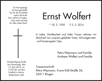 Traueranzeige von Ernst Wolfert von  Allgemeine Zeitung Mainz