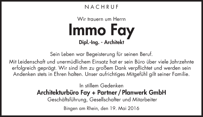  Traueranzeige für Immo Fay vom 19.05.2016 aus  Wiesbaden komplett