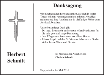 Traueranzeige von Herbert Schmitt von Trauerportal Echo Online