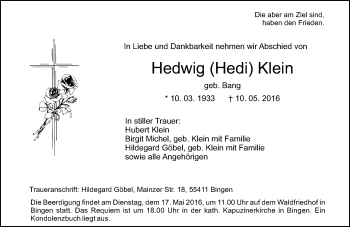 Traueranzeige von Hedwig Klein von  Allgemeine  Zeitung Ingelheim-Bingen