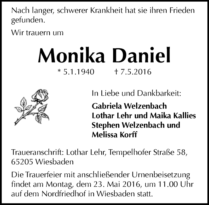  Traueranzeige für Monika Daniel vom 14.05.2016 aus  Wiesbaden komplett