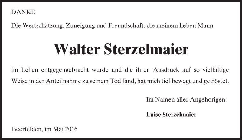  Traueranzeige für Walter Sterzelmaier vom 13.05.2016 aus Trauerportal Echo Online