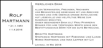Traueranzeige von Rolf Hartmann von  Gießener Anzeiger