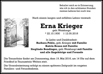 Traueranzeige von Erna Krieger von  Wiesbaden komplett
