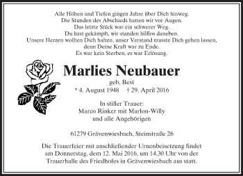 Traueranzeige von Marlies Neubauer von  Usinger Anzeiger