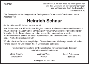 Traueranzeige von Heinrich Schnur von  Kreisanzeiger