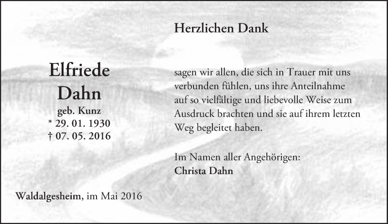  Traueranzeige für Elfriede Dahn vom 21.05.2016 aus  Allgemeine  Zeitung Ingelheim-Bingen