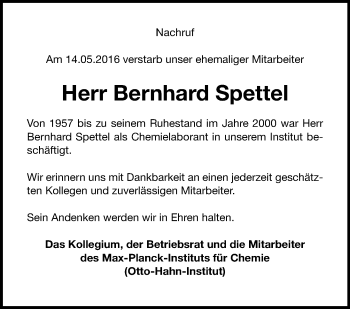 Traueranzeige von Bernhard Spettel von  Allgemeine Zeitung Mainz