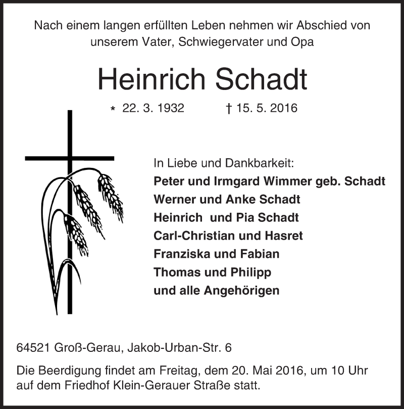 Traueranzeige für Heinrich Schadt vom 18.05.2016 aus Trauerportal Echo Online