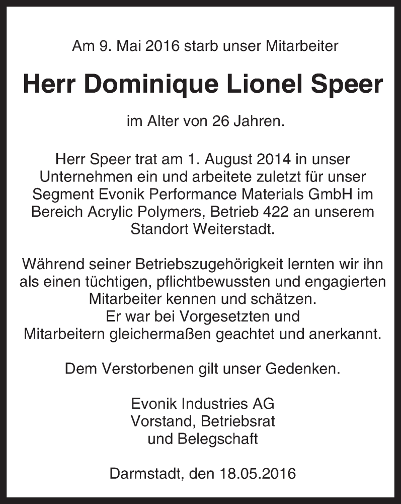  Traueranzeige für Dominique Lionel Speer vom 18.05.2016 aus Trauerportal Echo Online