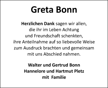 Traueranzeige von Greta Bonn von Trauerportal Echo Online