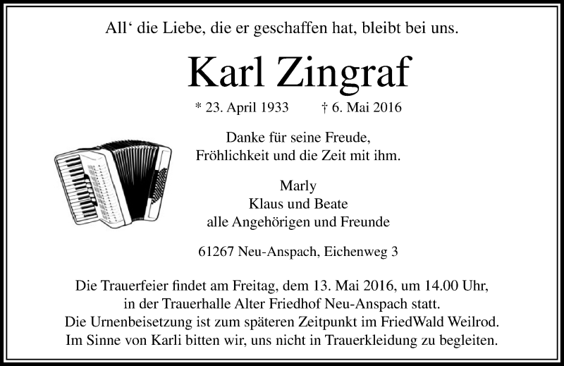  Traueranzeige für Karl Zingraf vom 10.05.2016 aus  Usinger Anzeiger