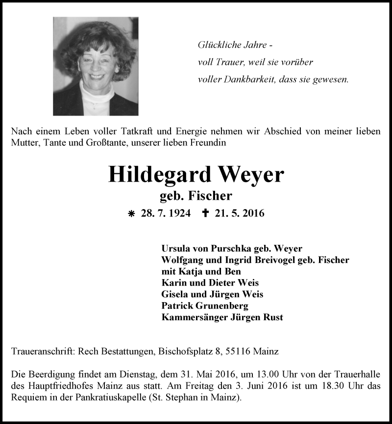  Traueranzeige für Hildegard Weyer vom 28.05.2016 aus  Allgemeine Zeitung Mainz