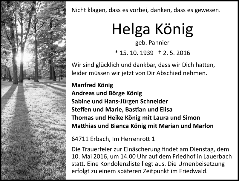  Traueranzeige für Helga König vom 07.05.2016 aus Trauerportal Echo Online