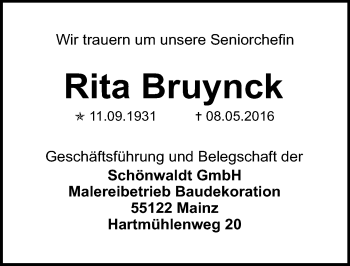 Traueranzeige von Rita Bruynck von  Allgemeine Zeitung Mainz