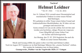 Traueranzeige von Helmut Leidner von  Usinger Anzeiger