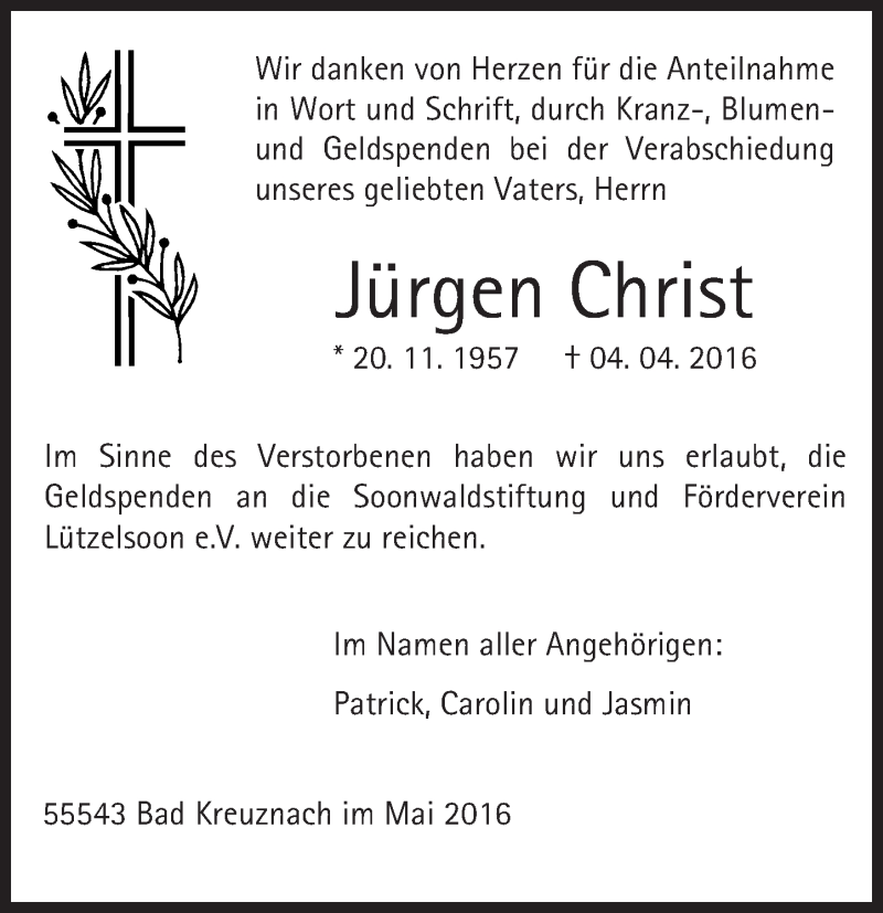  Traueranzeige für Jürgen Christ vom 27.05.2016 aus  Allg. Zeitung Bad Kreuznach