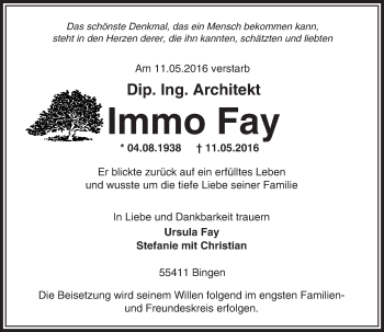 Traueranzeige von Immo Fay von  Allgemeine  Zeitung Ingelheim-Bingen