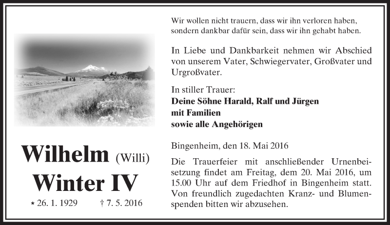  Traueranzeige für Wilhelm Winter vom 18.05.2016 aus  Kreisanzeiger