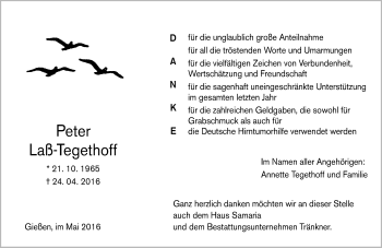 Traueranzeige von Peter Laß-Tegethoff von  Gießener Anzeiger