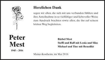 Traueranzeige von Peter Mest von  Allgemeine Zeitung Mainz