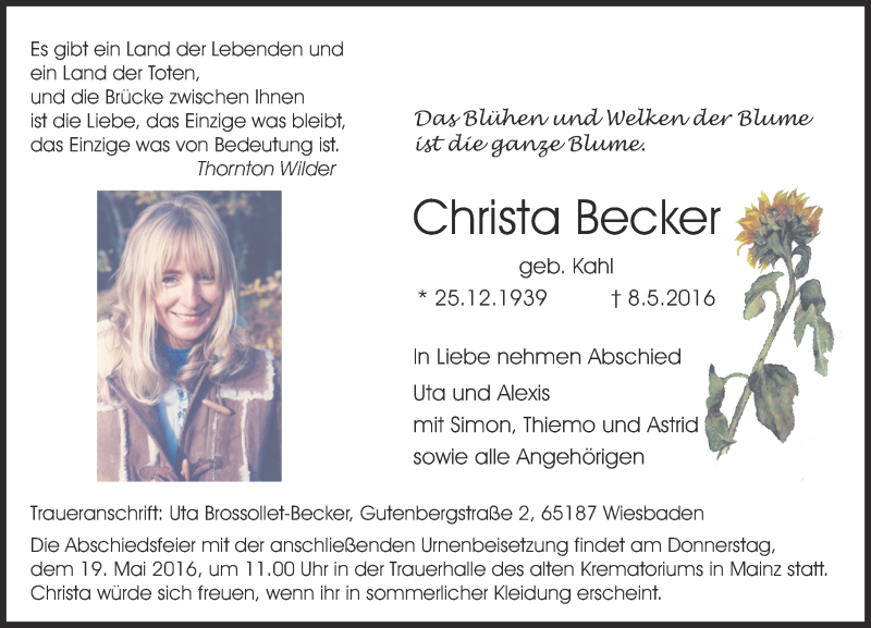  Traueranzeige für Christa Becker vom 18.05.2016 aus  Allgemeine Zeitung Mainz