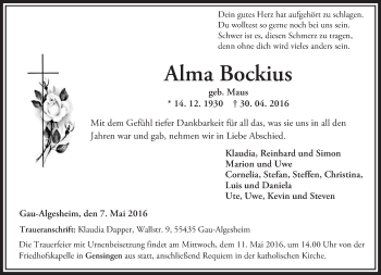 Traueranzeige von Alma Bockius von  Allgemeine  Zeitung Ingelheim-Bingen