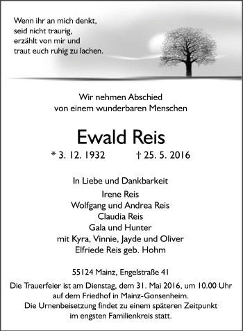 Traueranzeige von Ewald Reis von  Allgemeine Zeitung Mainz