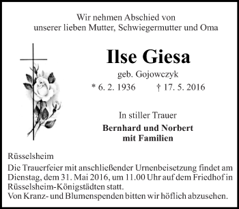 Traueranzeige von Ilse Giesa von  Mainspitze