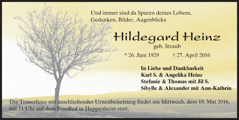  Traueranzeige für Hildegard Heinz vom 14.05.2016 aus Trauerportal Echo Online