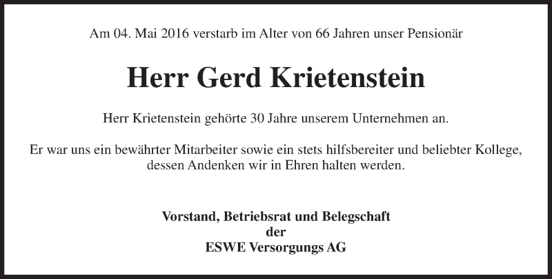  Traueranzeige für Gerd Krietenstein vom 14.05.2016 aus  Wiesbaden komplett