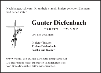 Traueranzeige von Gunter Diefenbach von  Wormser Zeitung