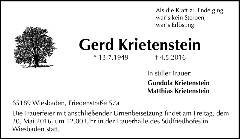  Traueranzeige für Gerd Krietenstein vom 11.05.2016 aus  Wiesbaden komplett