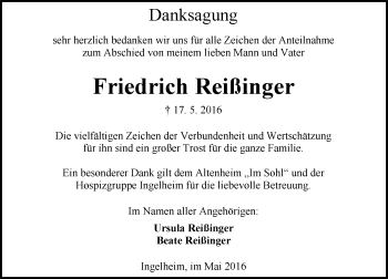 Traueranzeige von Friedrich Reißinger von  Allgemeine  Zeitung Ingelheim-Bingen