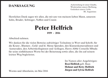 Traueranzeige von Peter Helfrich von  Wormser Zeitung
