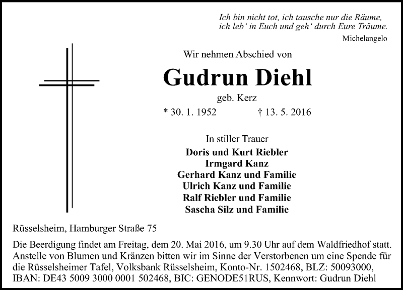  Traueranzeige für Gudrun Diehl vom 18.05.2016 aus Trauerportal Echo Online