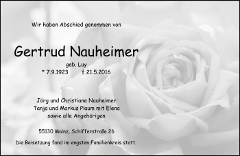 Traueranzeige von Gertrud Nauheimer von  Allgemeine Zeitung Mainz