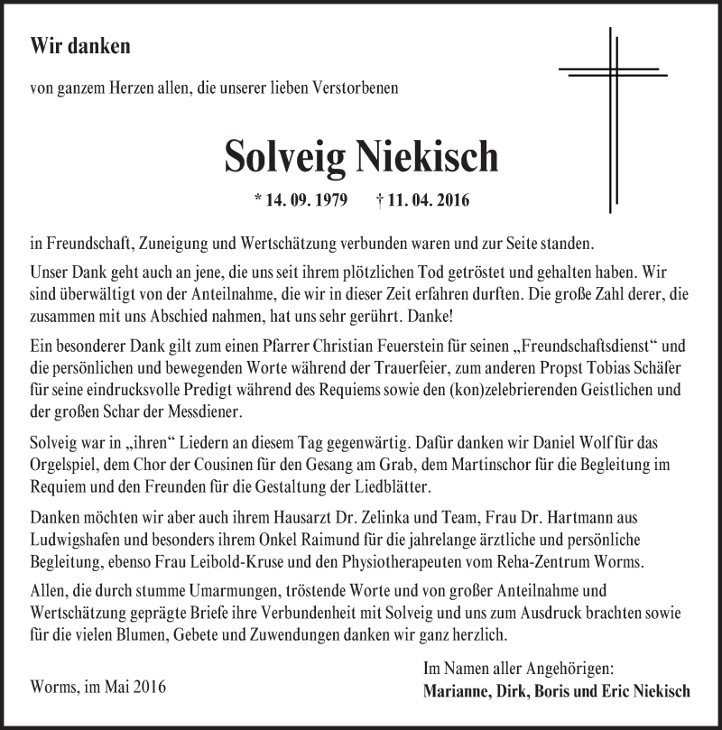  Traueranzeige für Solveig Niekisch vom 28.05.2016 aus  Wormser Zeitung