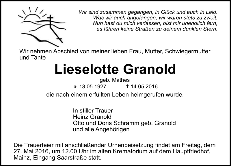  Traueranzeige für Lieselotte Granold vom 21.05.2016 aus  Allgemeine Zeitung Mainz