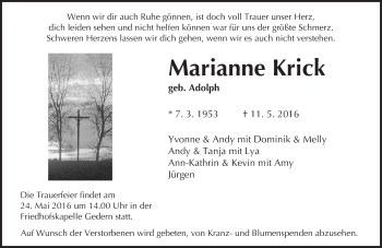 Traueranzeige von Marianne Krick von  Kreisanzeiger