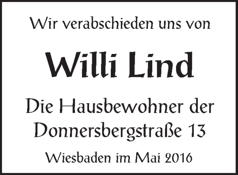  Traueranzeige für Willi Lind vom 14.05.2016 aus  Wiesbaden komplett