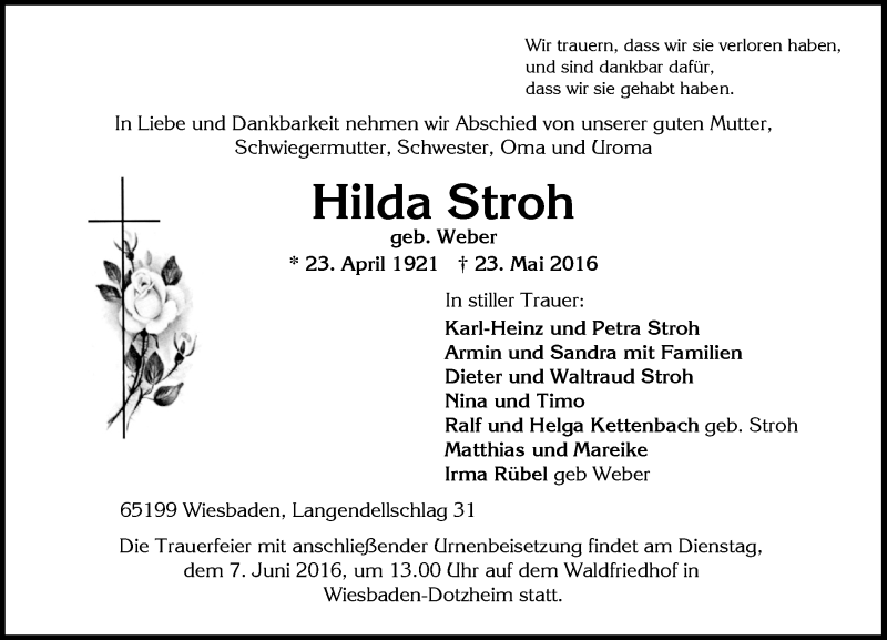  Traueranzeige für Hilda Stroh vom 28.05.2016 aus  Wiesbaden komplett