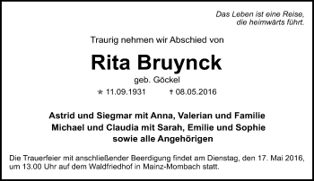 Traueranzeige von Rita Bruynck von  Allgemeine Zeitung Mainz